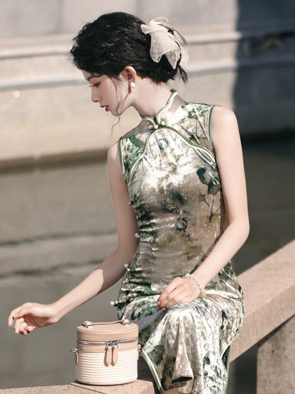 Elegant Forest Sleeveless Long Cheongsam