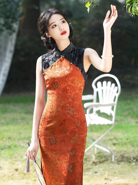 Orange Patterned Cheongsam Dress