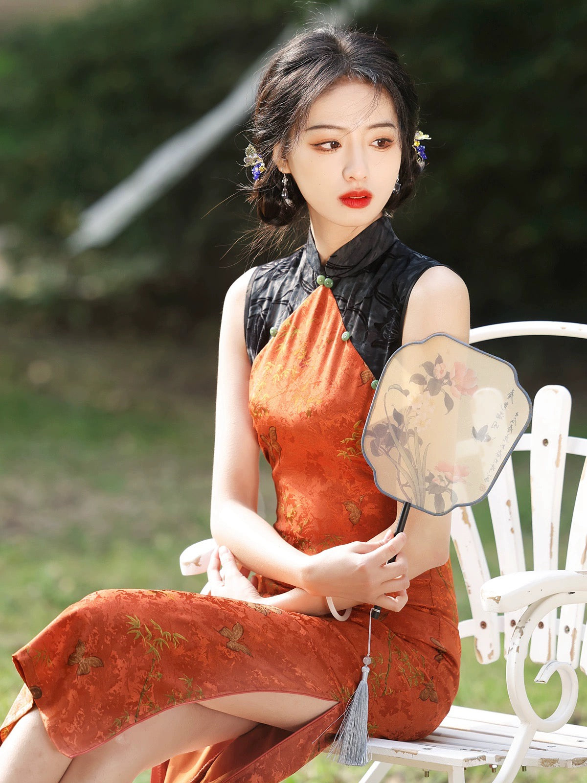 Orange Patterned Cheongsam Dress