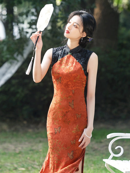 Orange Patterned Cheongsam Dress