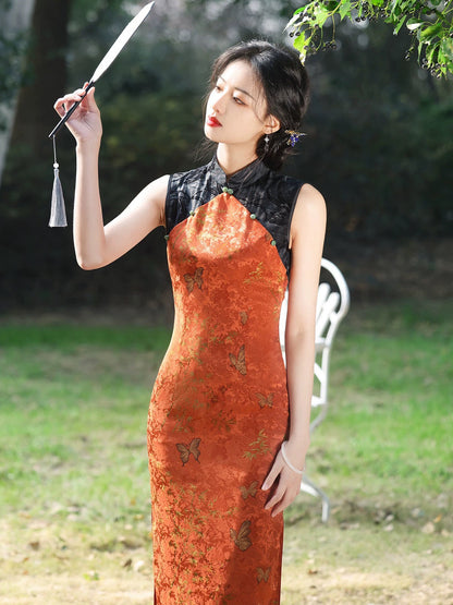 Orange Patterned Cheongsam Dress