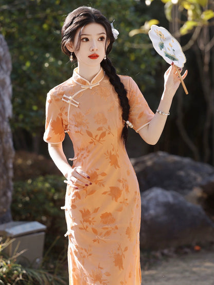 Orange Floral Sleeveless Long Cheongsam