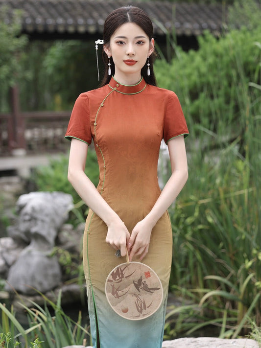 Rainbow Bridge Short Sleeve Long Cheongsam