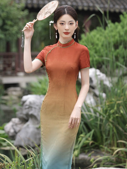 Rainbow Bridge Short Sleeve Long Cheongsam