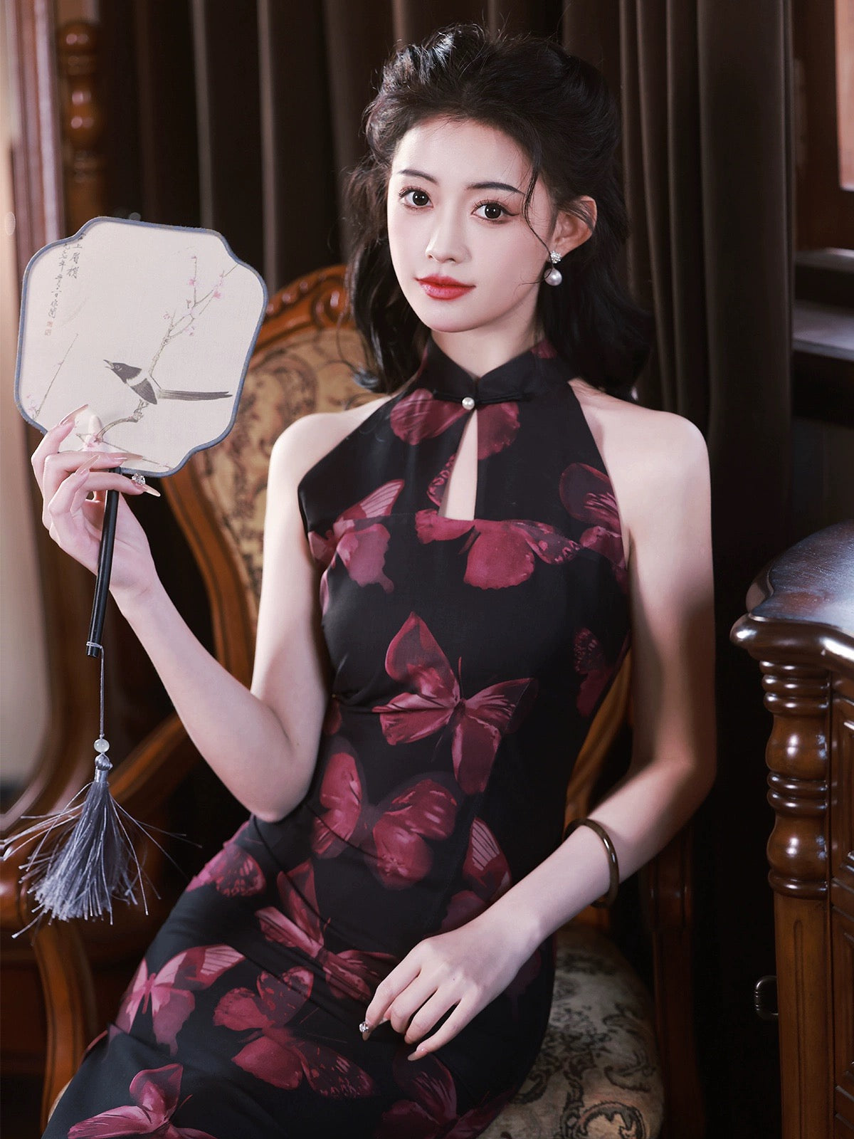 Vintage Butterfly Black Cheongsam