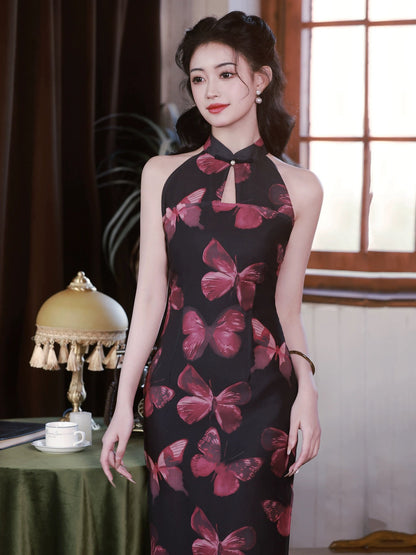 Vintage Butterfly Black Cheongsam