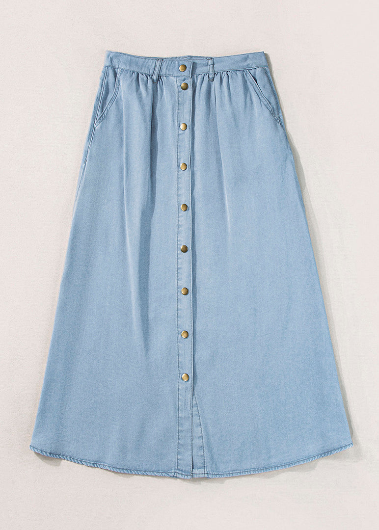 Pockets Denim Summer Skirt Italian Waist Light High Blue