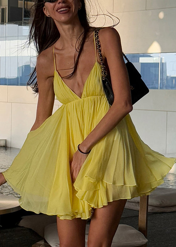 Yellow Backless Mid Patchwork Neck Italian Strap V Spaghetti