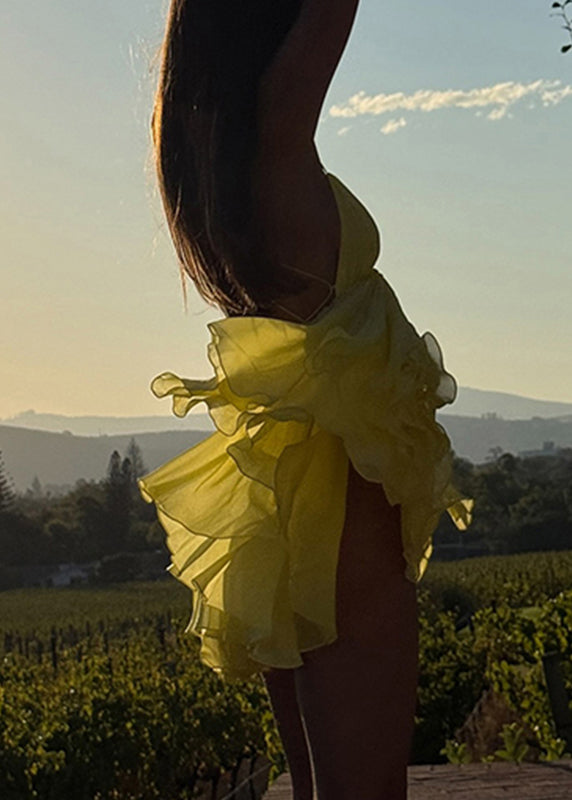 Yellow Backless Mid Patchwork Neck Italian Strap V Spaghetti