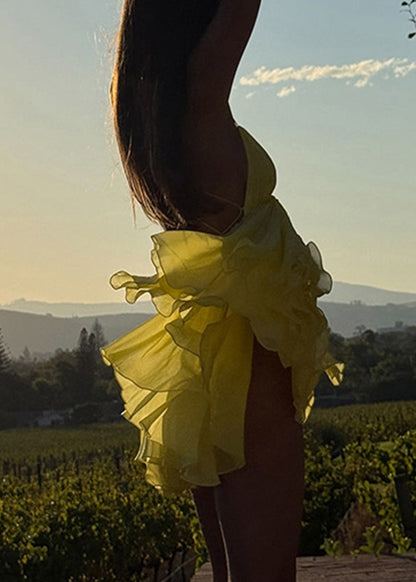 Yellow Backless Mid Patchwork Neck Italian Strap V Spaghetti