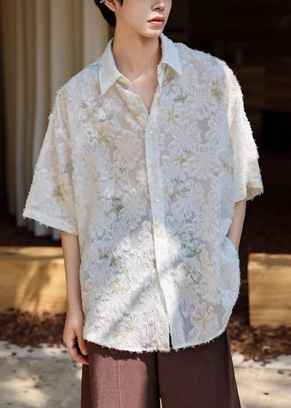 Collar Silk Beige Men Jacquard Ice Shirt Peter Pan Sleeve Half Button