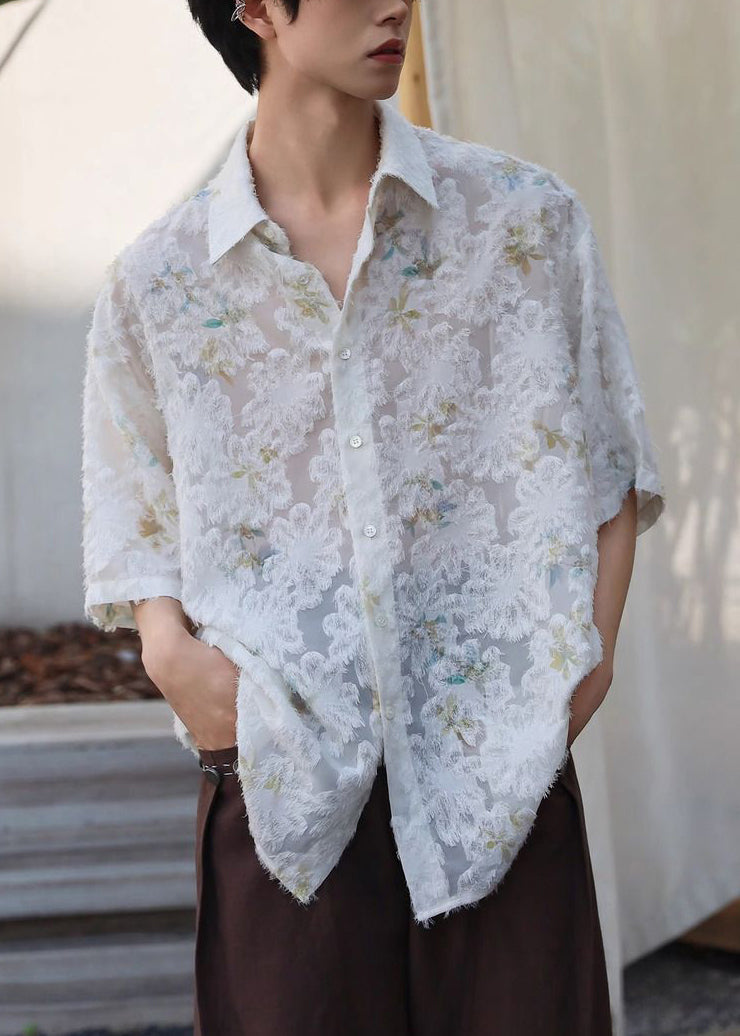 Collar Silk Beige Men Jacquard Ice Shirt Peter Pan Sleeve Half Button