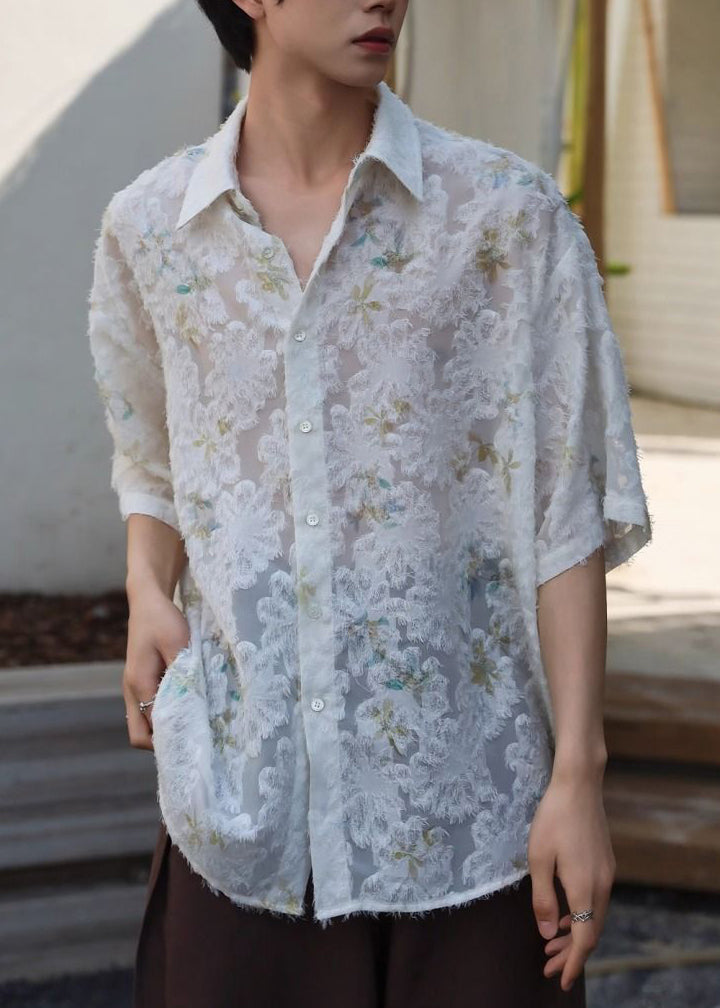 Collar Silk Beige Men Jacquard Ice Shirt Peter Pan Sleeve Half Button