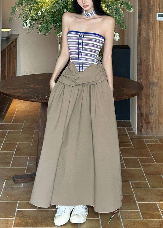Khaki Wrinkled Dresses Maxi Sleeveless Cold Shoulder