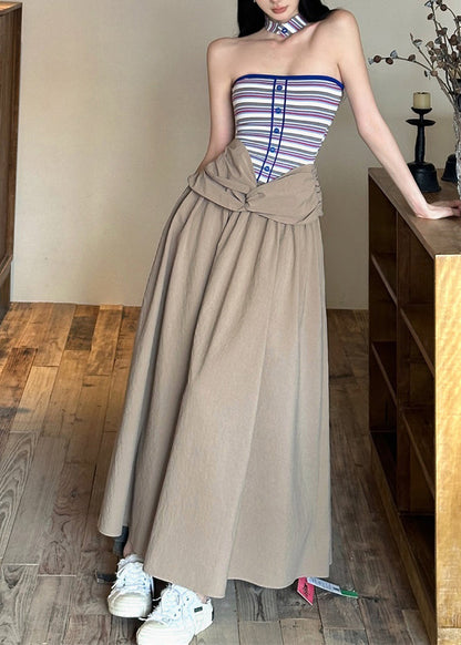 Khaki Wrinkled Dresses Maxi Sleeveless Cold Shoulder