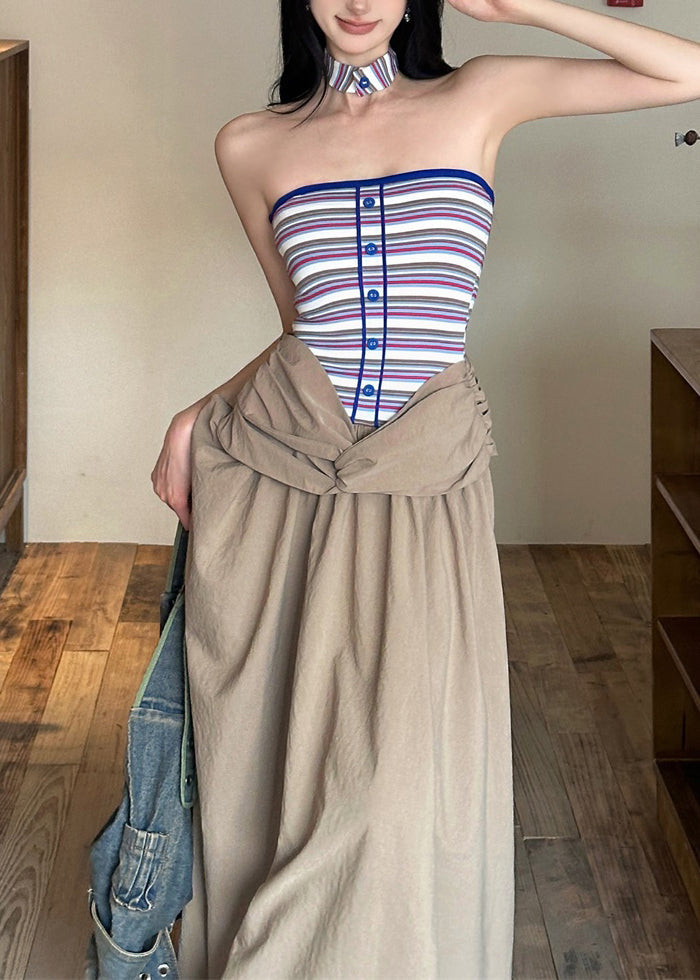 Khaki Wrinkled Dresses Maxi Sleeveless Cold Shoulder