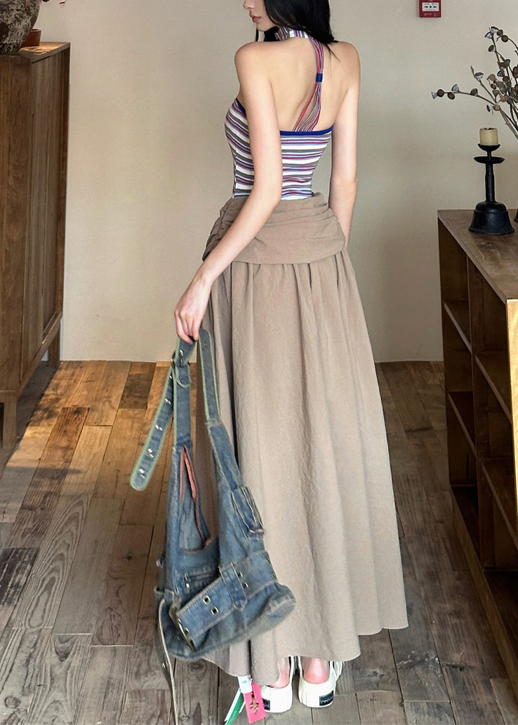 Khaki Wrinkled Dresses Maxi Sleeveless Cold Shoulder