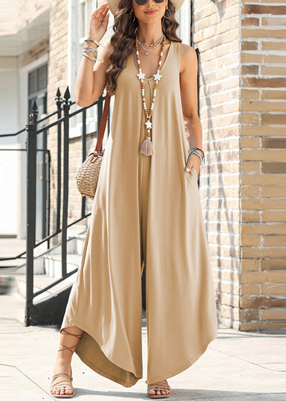 Khaki Jumpsuit Sleeveless Pockets Patchwork