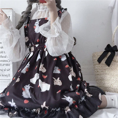 Rabbit Print Lolita Apron A-line Dress / Sheer Dotted Mesh Blouse