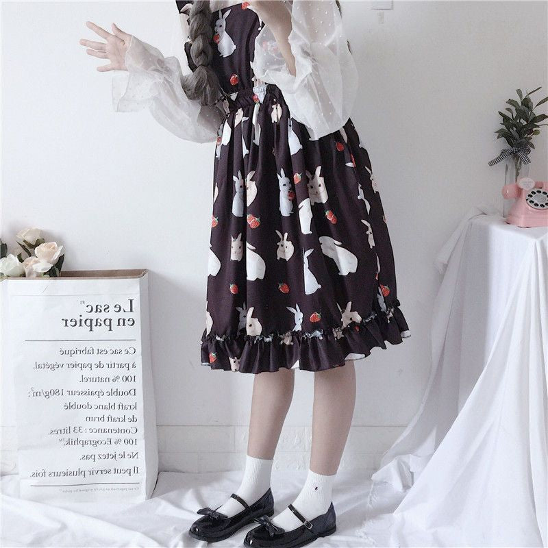 Rabbit Print Lolita Apron A-line Dress / Sheer Dotted Mesh Blouse