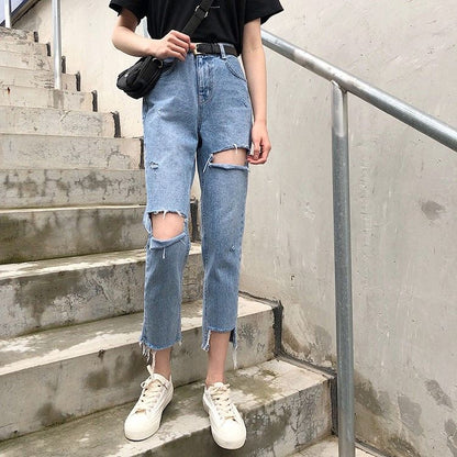 Distressed Cropped Straight Leg Jeans