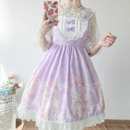 Rabbit Print Sleeveless A-Line Dress / Elbow-Sleeve Lace Top