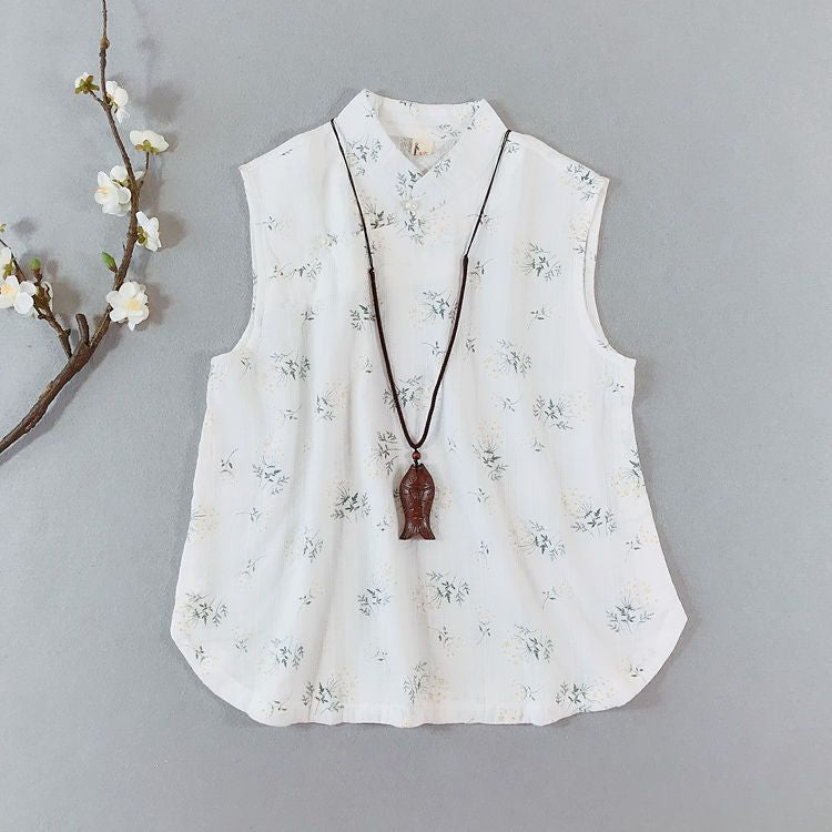 Traditional Chinese Sleeveless Floral Frog Buttoned Top