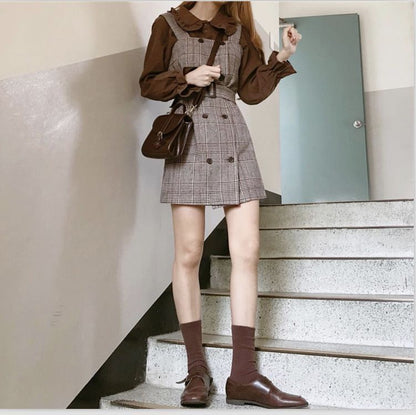 Frilled Trim Collar Long Sleeve Blouse / Double Breast Plaid Overall Dress