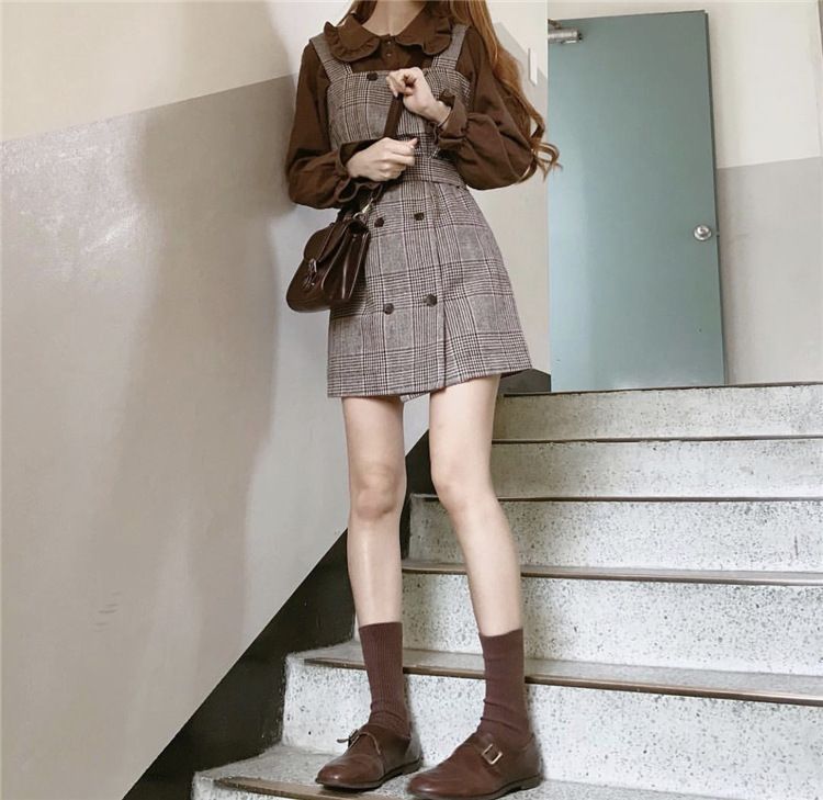 Frilled Trim Collar Long Sleeve Blouse / Double Breast Plaid Overall Dress