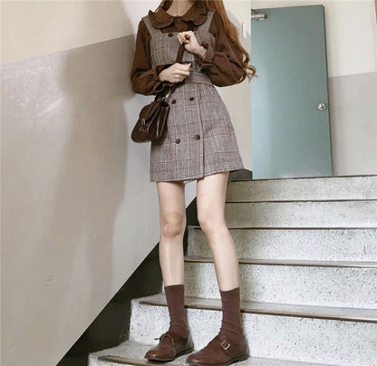 Frilled Trim Collar Long Sleeve Blouse / Double Breast Plaid Overall Dress