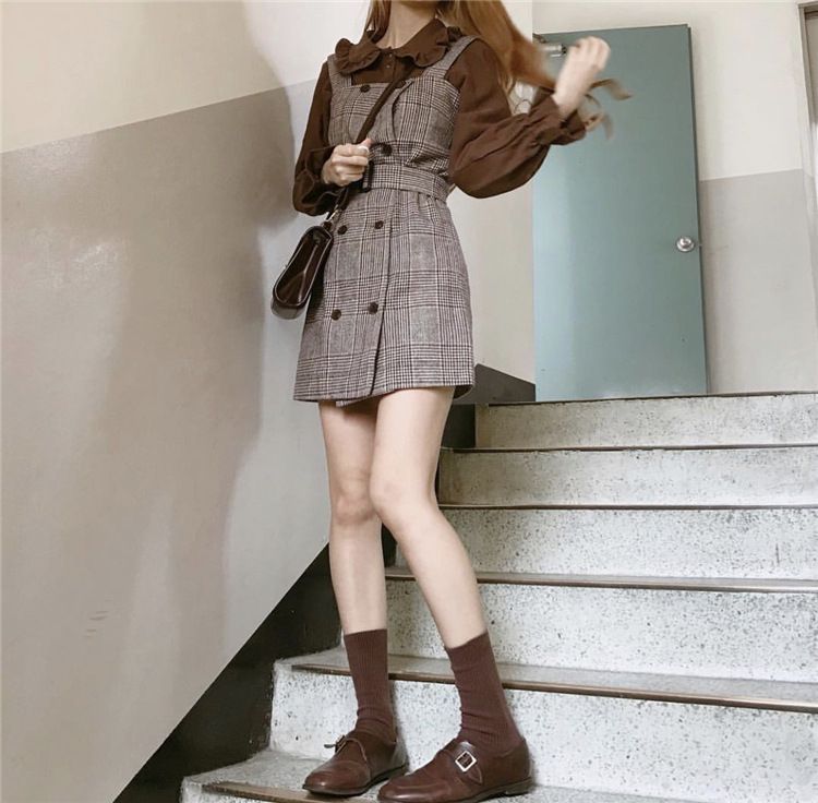 Frilled Trim Collar Long Sleeve Blouse / Double Breast Plaid Overall Dress