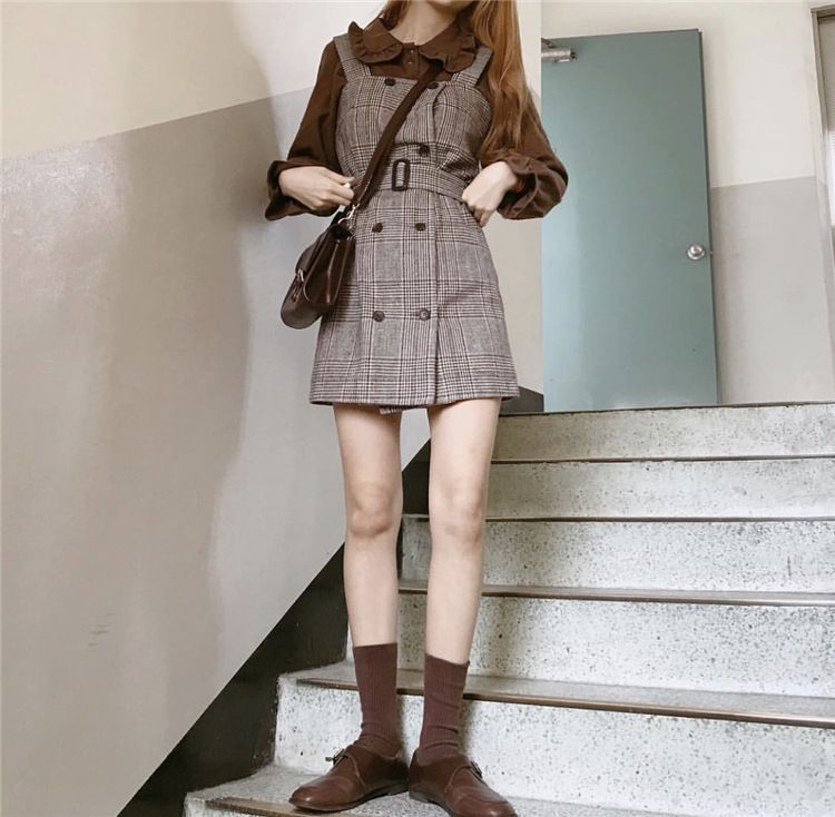 Frilled Trim Collar Long Sleeve Blouse / Double Breast Plaid Overall Dress