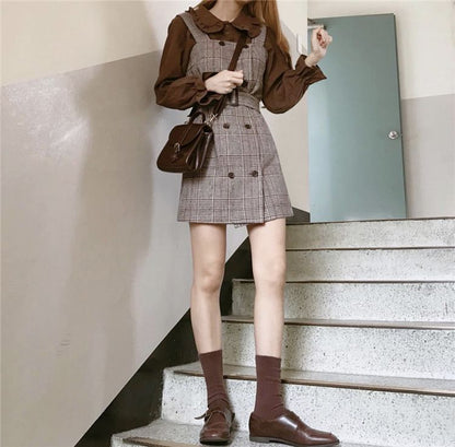 Frilled Trim Collar Long Sleeve Blouse / Double Breast Plaid Overall Dress