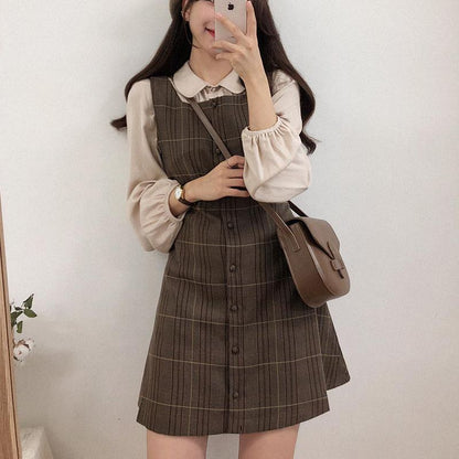 Long-Sleeve Blouse / Plaid Mini Buttoned Overall Dress