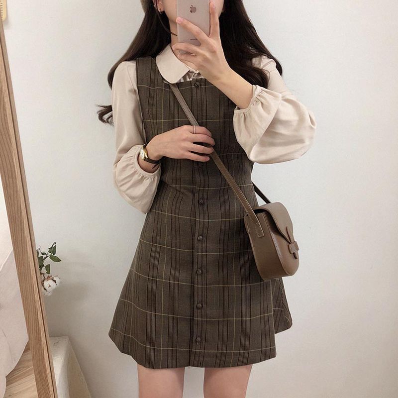 Long-Sleeve Blouse / Plaid Mini Buttoned Overall Dress