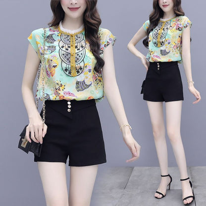 Set: Cap Sleeve Printed Blouse + A