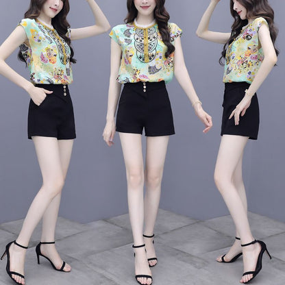 Set: Cap Sleeve Printed Blouse + A