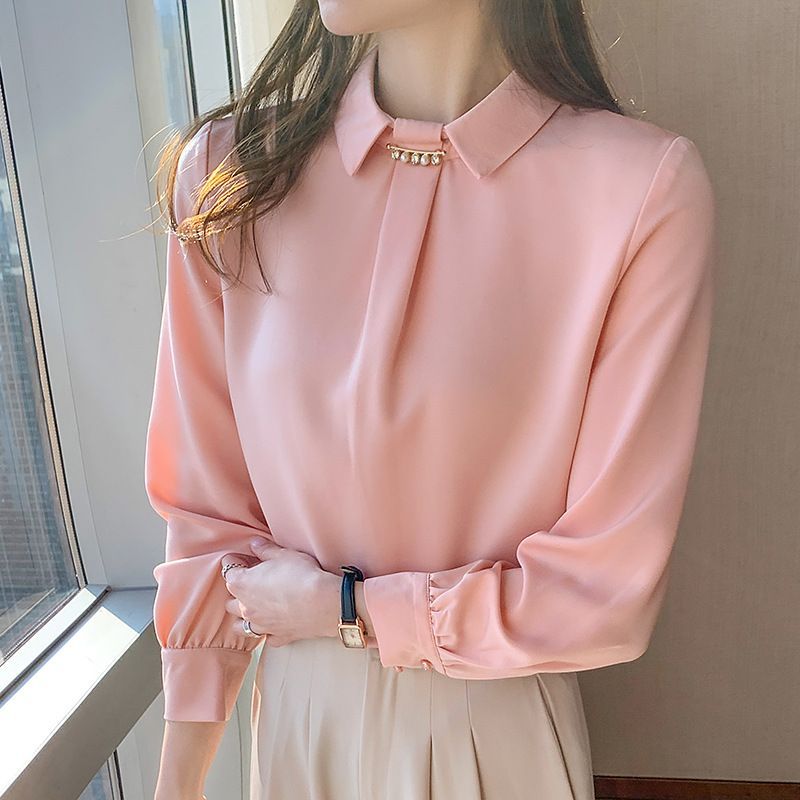 Long Sleeve Rhinestone Satin Blouse