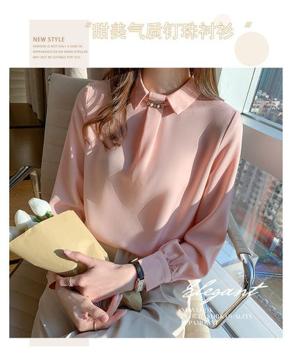 Long Sleeve Rhinestone Satin Blouse