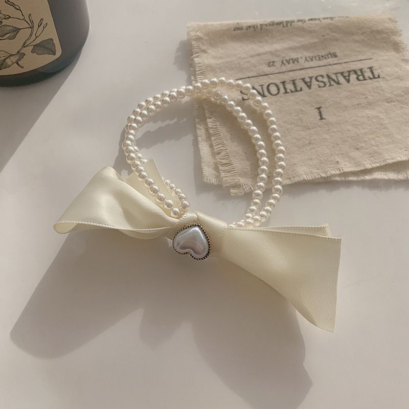 Heart Faux Pearl Bow Hair Tie