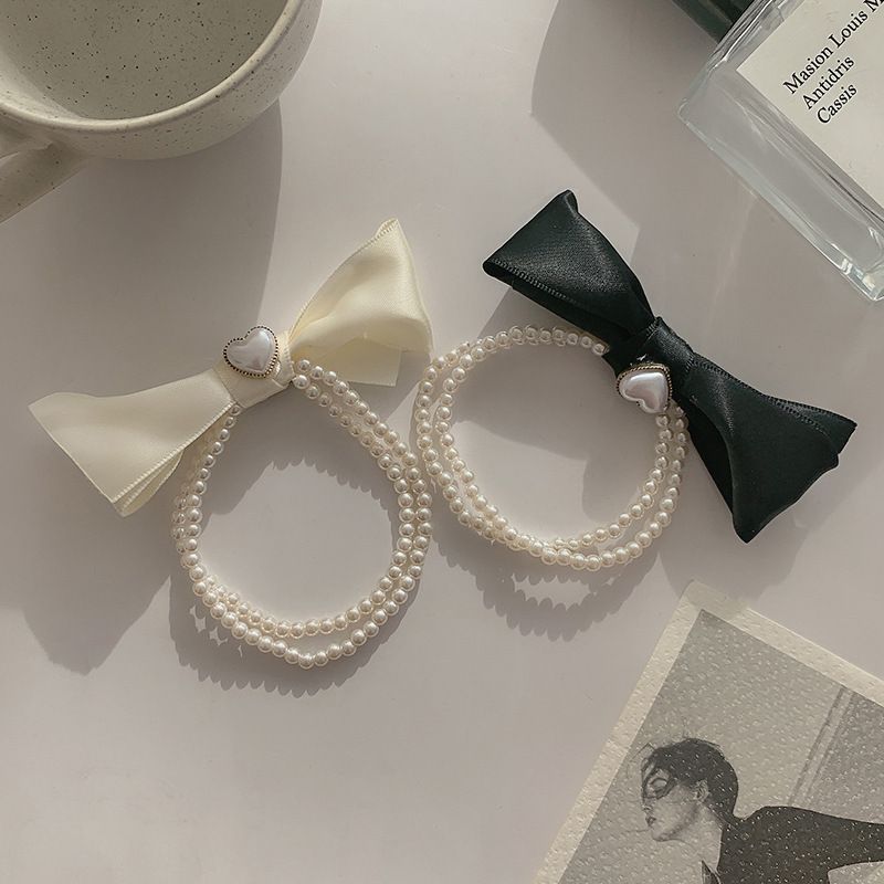 Heart Faux Pearl Bow Hair Tie