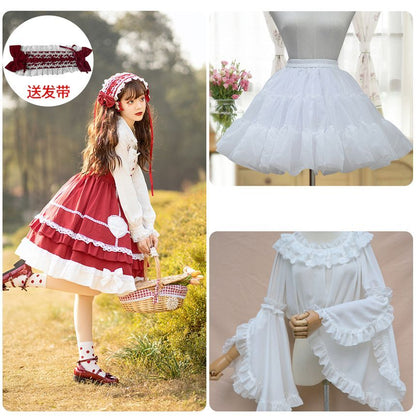 Lolita Lace Trim A-Line Overall Dress / Long-Sleeve Blouse / Petticoat Skirt / Headband / Set