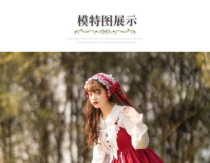 Lolita Lace Trim A-Line Overall Dress / Long-Sleeve Blouse / Petticoat Skirt / Headband / Set