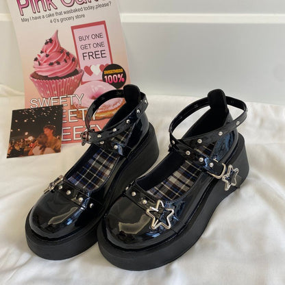 Platform Wedge Star Buckle Cross Strap Mary Jane Shoes