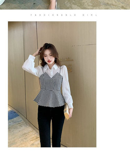 Long Sleeve Houndstooth Panel Mock Two Piece Top