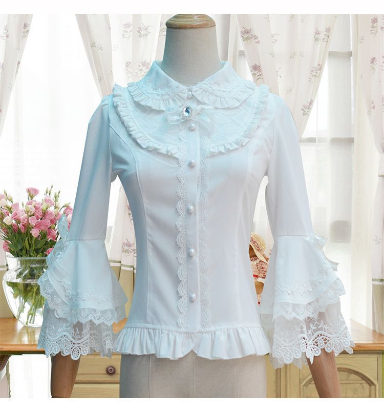 Lolita Bell-Sleeve Collared Lace Trim Blouse