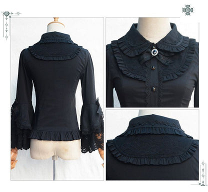 Lolita Bell-Sleeve Collared Lace Trim Blouse