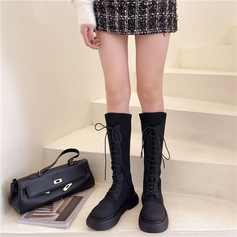 Panel Boots Knit Platform Tall Lace-Up