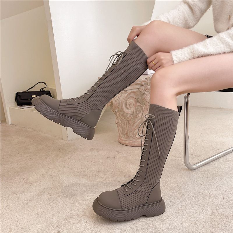 Panel Boots Knit Platform Tall Lace-Up