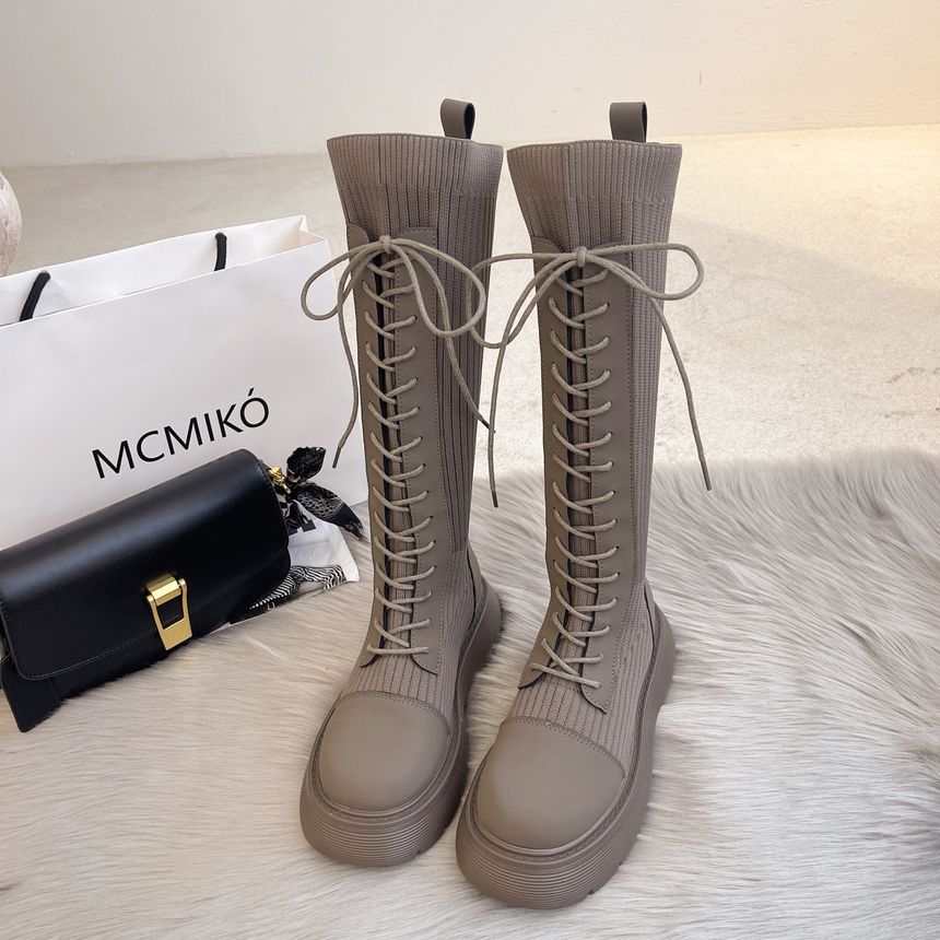 Panel Boots Knit Platform Tall Lace-Up